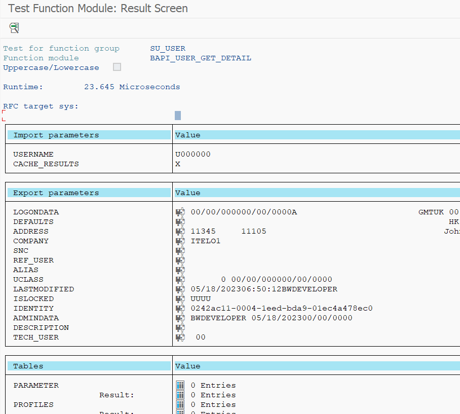 BAPI Call Function result sample